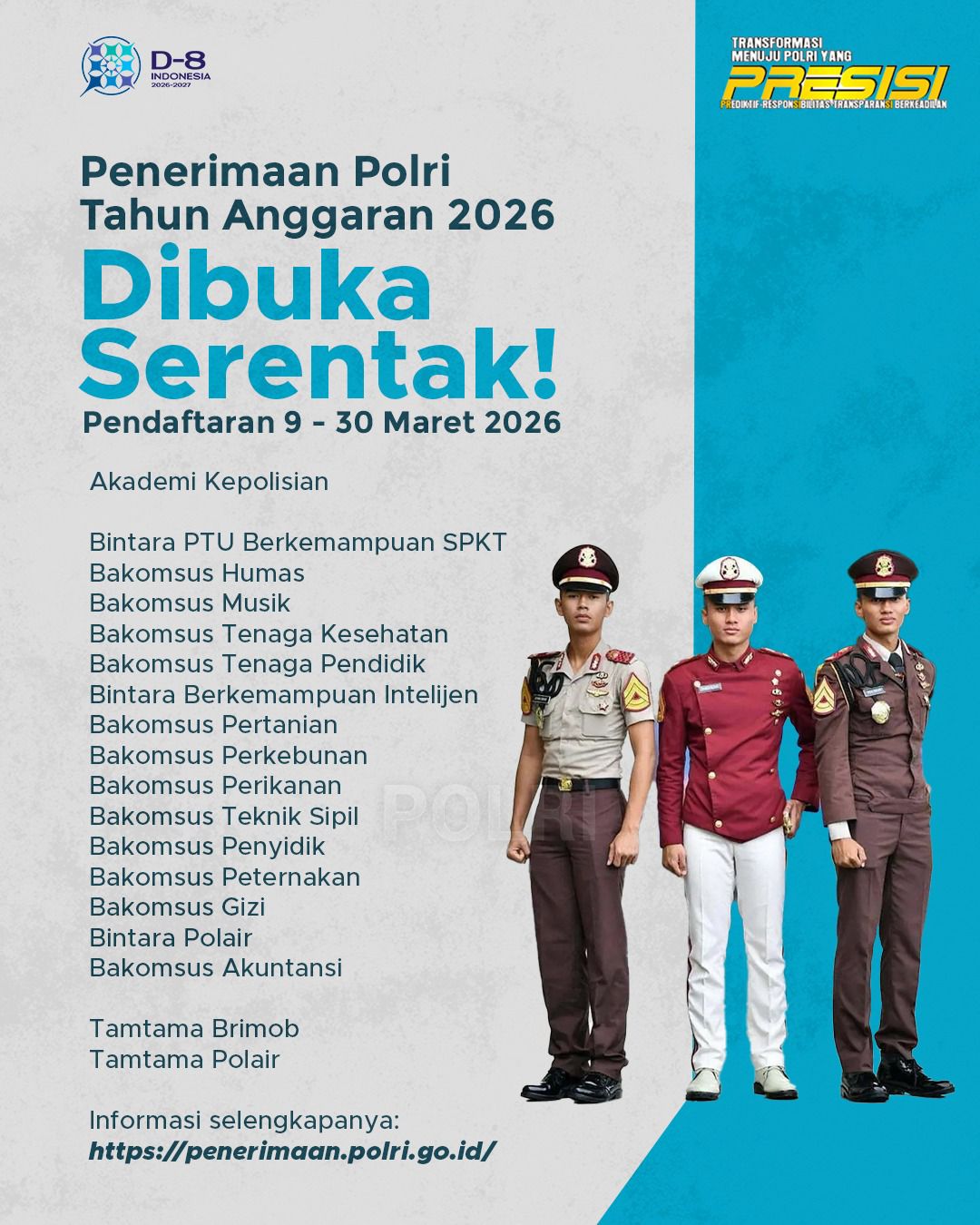 Penerimaan Polri Tahun Anggaran 2026 Dibuka 9–30 Maret, Berbagai Jalur Pendidikan dan Keahlian Khusus Tersedia
