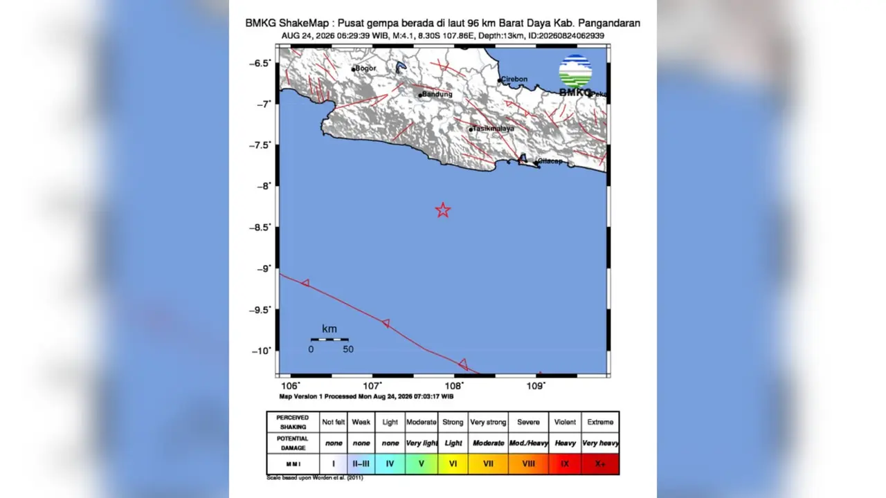 Gempa Magnitudo 4,1 Guncang Pangandaran, Getaran Terasa hingga Cianjur